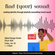Yellow and pink gradient background with event details and image of a soundwave and illustration of Black person with headphones speaking.