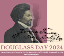 Profile portrait of Fredrick Douglas with a light pink background and text that reads Douglass Day 2024