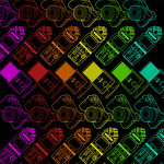 illustrations of various pieces of media equipment, arranged in an alternating diagonal pattern, colored rainbow across the image