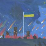 Children's drawing depicting the Ukrainian Flag at night waving over a city under attack