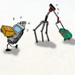 illustration of media equipment carrying boxes and luggage